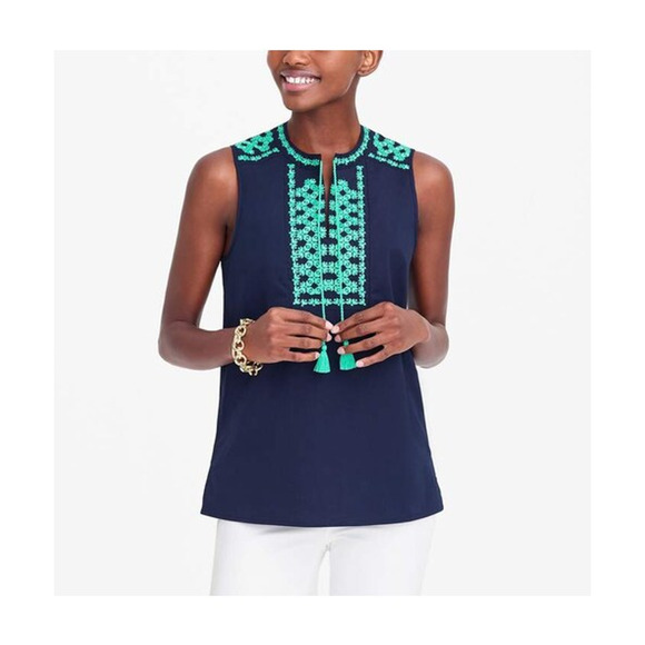 J Crew Tank Womens 0 Navy Green Embroidered Bib Tassel Keyhole Sleeveless Top - Picture 11 of 12